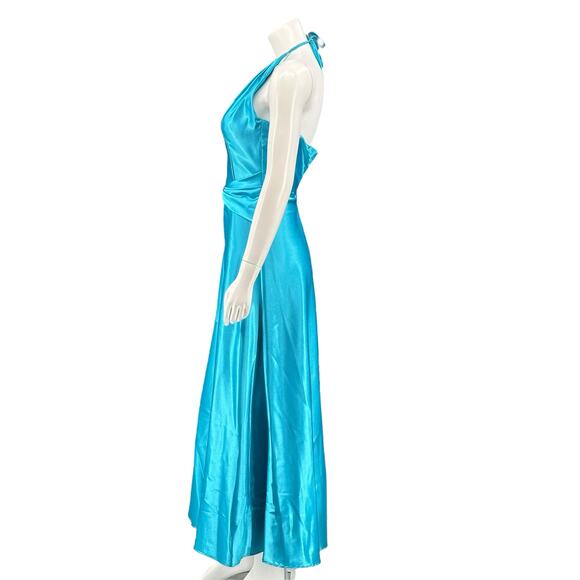 Vintage Jessica McClintock Gunne Sax Dress 5 6 Blue Halter Satin Maxi Y2K Formal - Picture 5 of 10